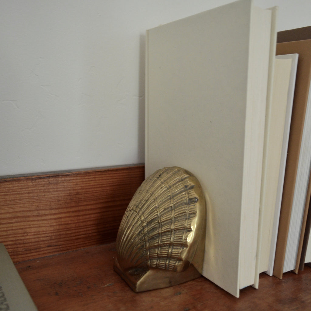 Vintage 80s Brass Seashell Bookends Beach Tropical Deco